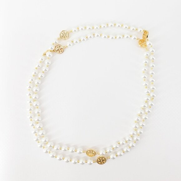 Tory Burch Gold Plated Beaded Long Pearl Station Chain Necklace Gold/ Ivory OS